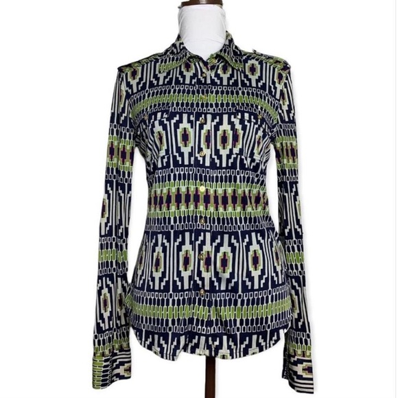 Tory Burch Tops - Tory Burch Blue Printed Button Down Silk Top Size M
